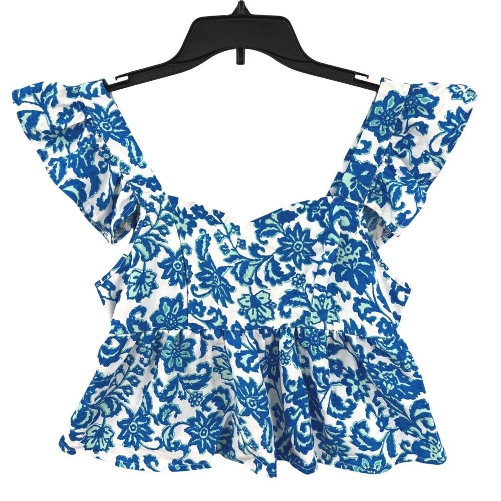 SHEIN Floral Peplum Coquette Top Size M Blue Ruffle Sleeve Off Shoulder Vacation